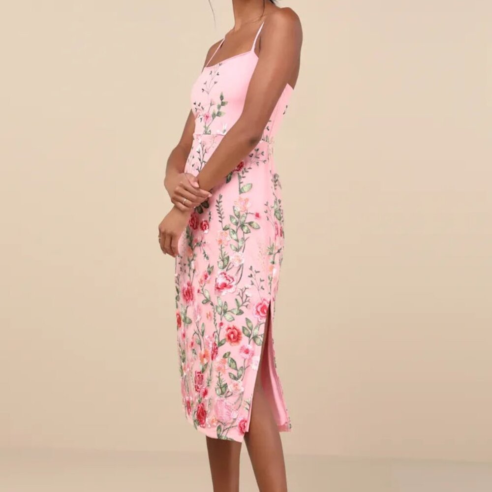 Lulus Blooming For Love Pink Floral Embroidered Midi Dress - NWT, Size Small - Picture 11 of 11